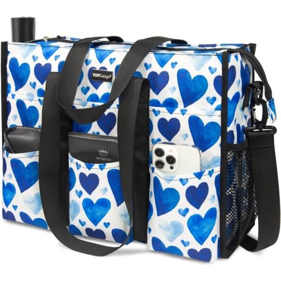 Utility Water Resistant Tote Bag with 22 Pockets, Top Zipper Closure